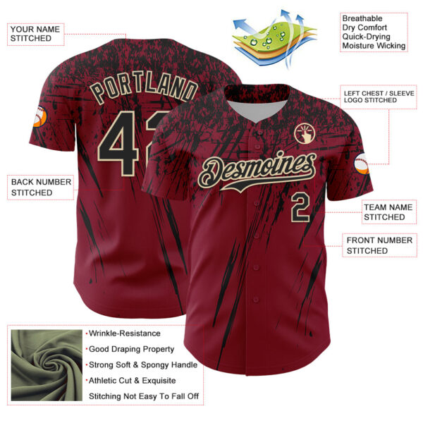 Custom Crimson Black-Cream Distressed Scratch Brush Stroke Authentic Baseball Jersey