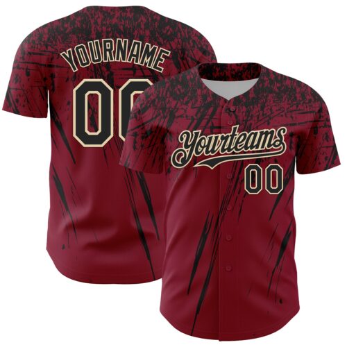 3DPattern13466 Custom Crimson Black-Cream Distressed Scratch Brush Stroke Authentic Baseball Jersey