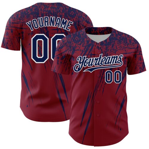 3DPattern13467 Custom Crimson Navy-White Distressed Scratch Brush Stroke Authentic Baseball Jersey