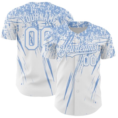3DPattern13476 Custom White Light Blue Distressed Scratch Brush Stroke Authentic Baseball Jersey