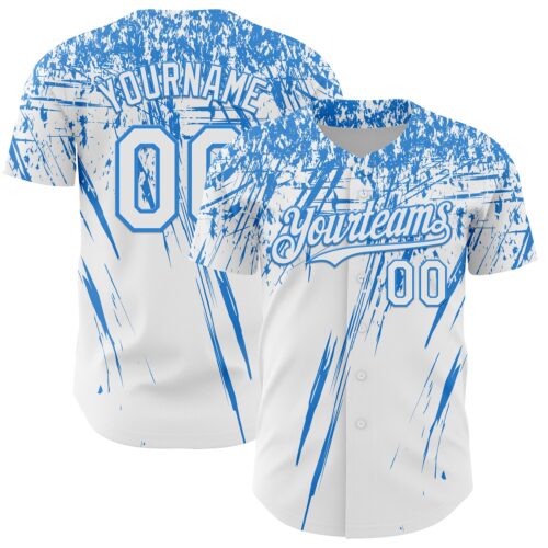 3DPattern13477 Custom White Electric Blue Distressed Scratch Brush Stroke Authentic Baseball Jersey