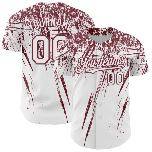 3DPattern13478 Custom White Burgundy Distressed Scratch Brush Stroke Authentic Baseball Jersey