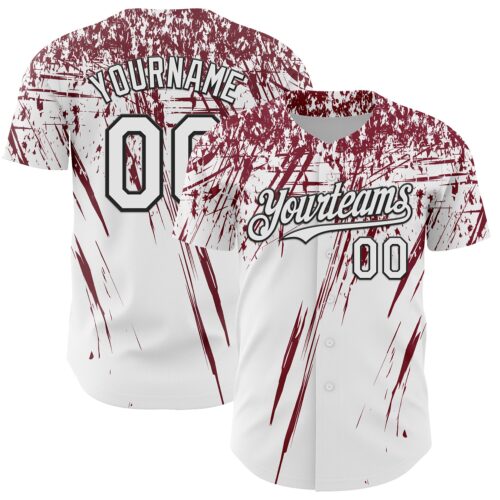 3DPattern13479 Custom White Crimson-Black Distressed Scratch Brush Stroke Authentic Baseball Jersey