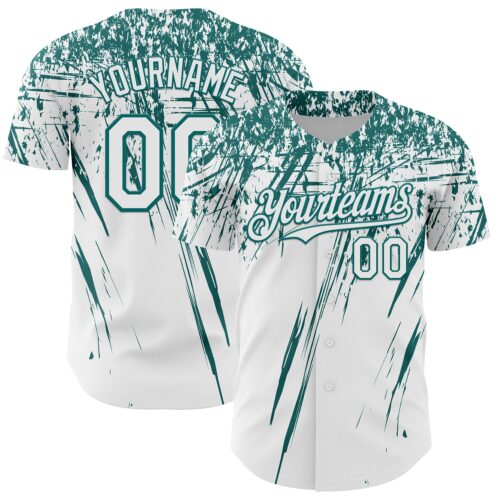 3DPattern13480 Custom White Teal Distressed Scratch Brush Stroke Authentic Baseball Jersey