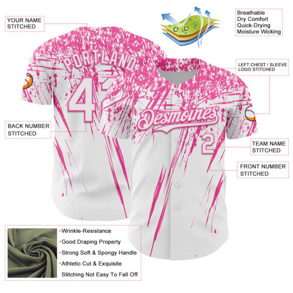 Custom White Pink Distressed Scratch Brush Stroke Authentic Baseball Jersey