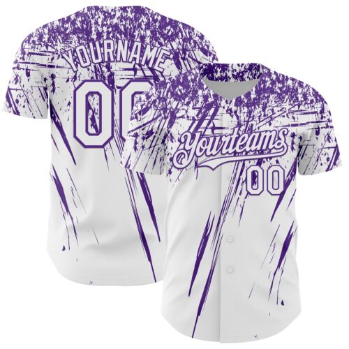 3DPattern13485 Custom White Purple Distressed Scratch Brush Stroke Authentic Baseball Jersey