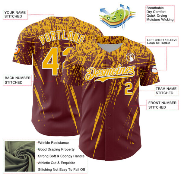 Custom Burgundy Gold-White Distressed Scratch Brush Stroke Authentic Baseball Jersey