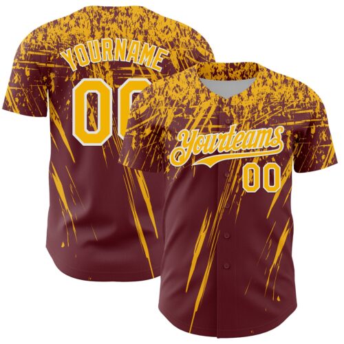 3DPattern13487 Custom Burgundy Gold-White Distressed Scratch Brush Stroke Authentic Baseball Jersey