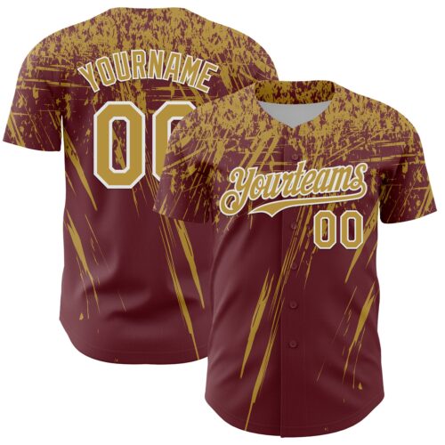 3DPattern13489 Custom Burgundy Old Gold-White Distressed Scratch Brush Stroke Authentic Baseball Jersey