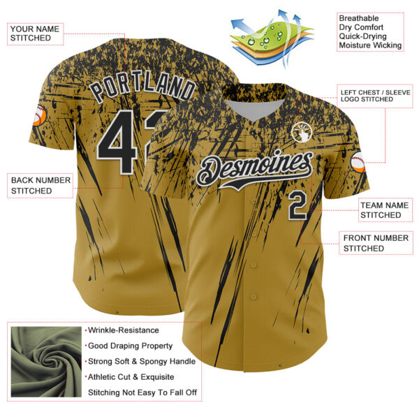 Custom Old Gold Black-White Distressed Scratch Brush Stroke Authentic Baseball Jersey