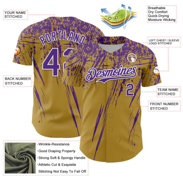 Custom Old Gold Purple-White Distressed Scratch Brush Stroke Authentic Baseball Jersey