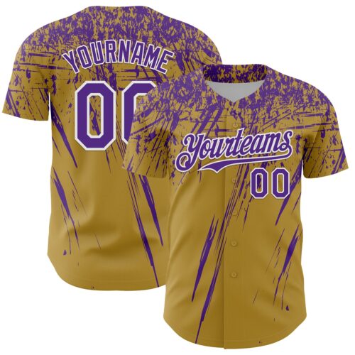3DPattern13506 Custom Old Gold Purple-White Distressed Scratch Brush Stroke Authentic Baseball Jersey