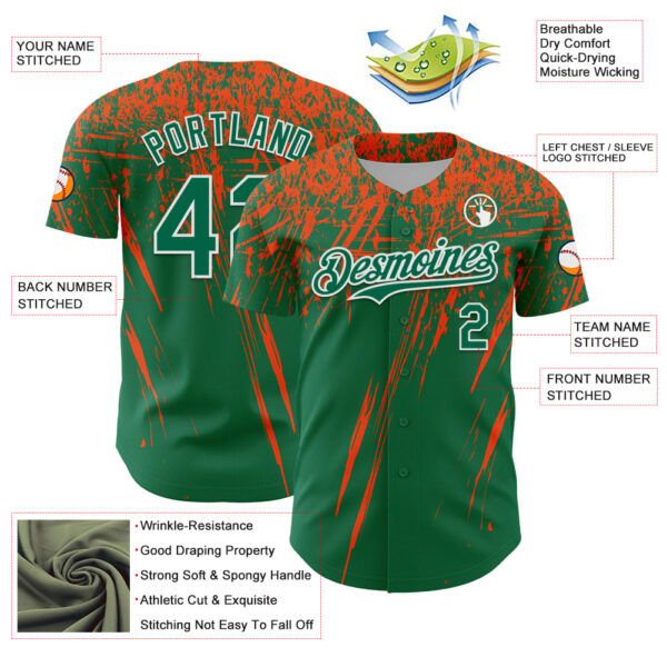 Custom Kelly Green Orange-White Distressed Scratch Brush Stroke Authentic Baseball Jersey