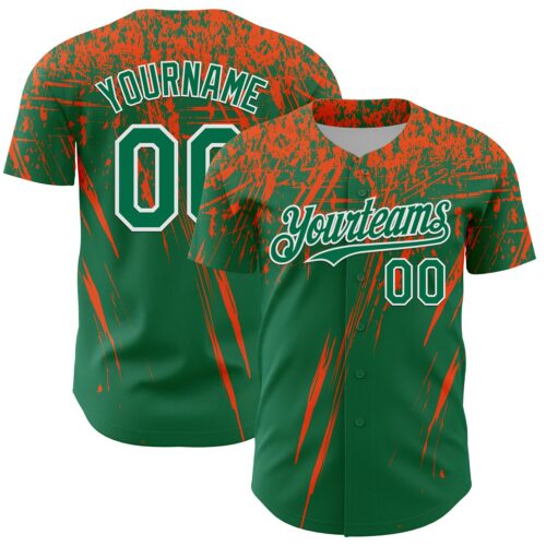 3DPattern13548 Custom Kelly Green Orange-White Distressed Scratch Brush Stroke Authentic Baseball Jersey
