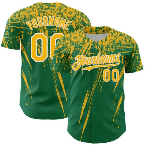3DPattern13549 Custom Kelly Green Gold-White Distressed Scratch Brush Stroke Authentic Baseball Jersey