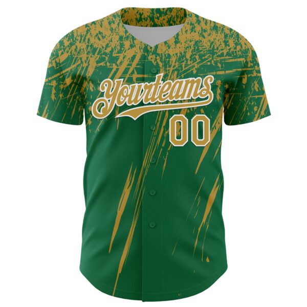 Custom Kelly Green Old Gold-White Distressed Scratch Brush Stroke Authentic Baseball Jersey