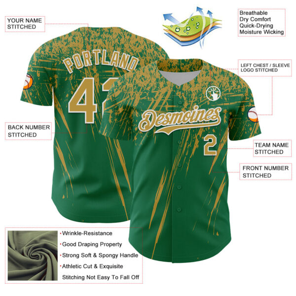Custom Kelly Green Old Gold-White Distressed Scratch Brush Stroke Authentic Baseball Jersey