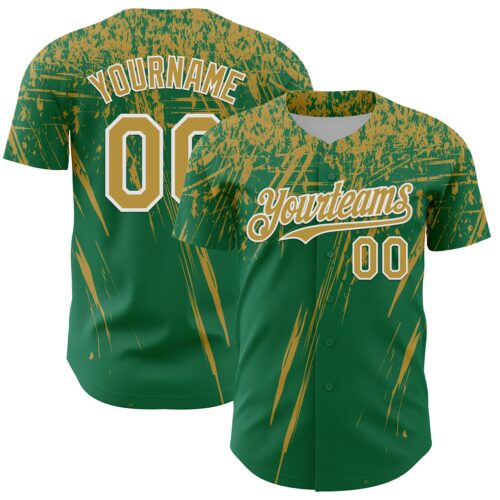 3DPattern13550 Custom Kelly Green Old Gold-White Distressed Scratch Brush Stroke Authentic Baseball Jersey