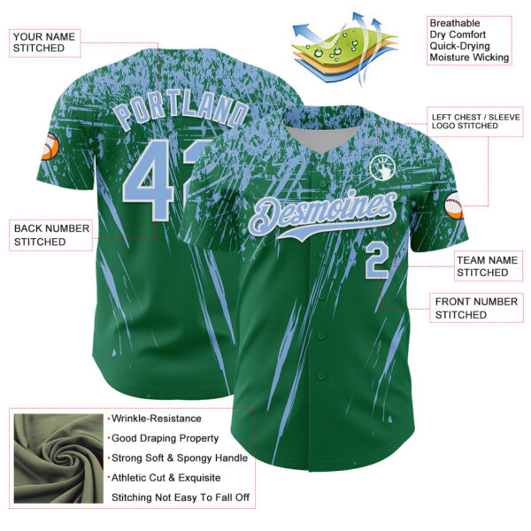 Custom Kelly Green Light Blue-White Distressed Scratch Brush Stroke Authentic Baseball Jersey