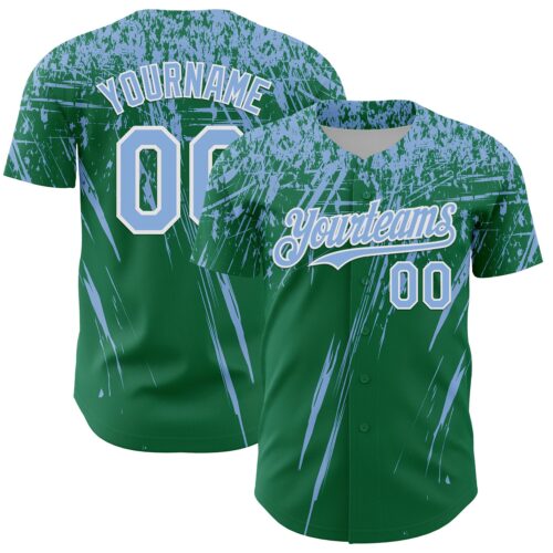 3DPattern13552 Custom Kelly Green Light Blue-White Distressed Scratch Brush Stroke Authentic Baseball Jersey