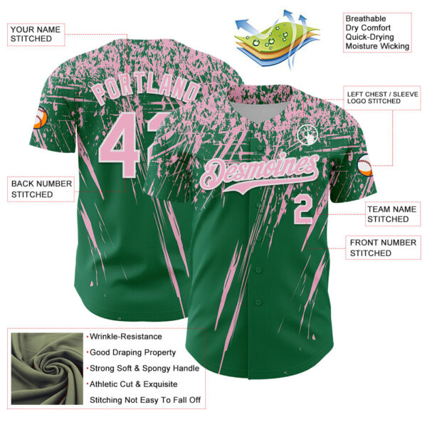 Custom Kelly Green Light Pink-White Distressed Scratch Brush Stroke Authentic Baseball Jersey