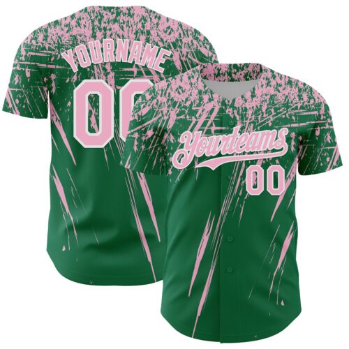 3DPattern13554 Custom Kelly Green Light Pink-White Distressed Scratch Brush Stroke Authentic Baseball Jersey