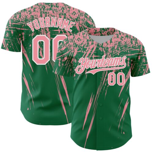 3DPattern13555 Custom Kelly Green Medium Pink-White Distressed Scratch Brush Stroke Authentic Baseball Jersey