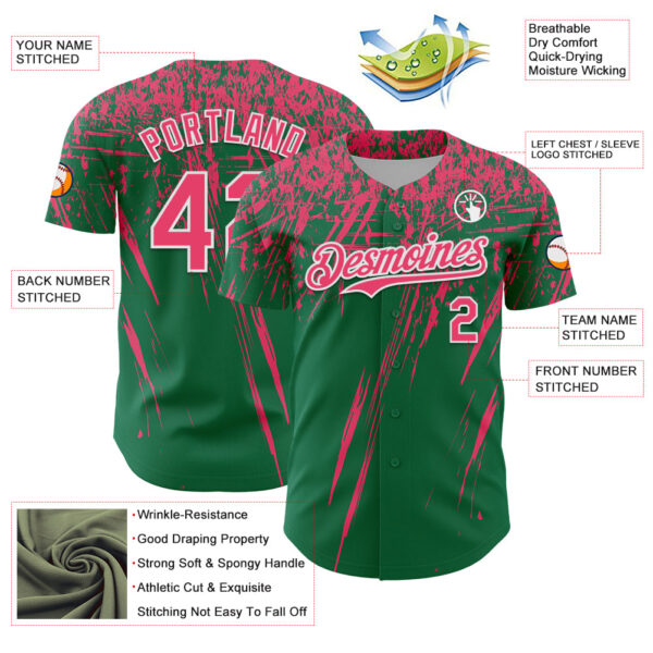 Custom Kelly Green Neon Pink-White Distressed Scratch Brush Stroke Authentic Baseball Jersey