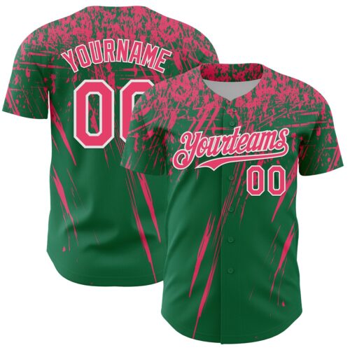 3DPattern13556 Custom Kelly Green Neon Pink-White Distressed Scratch Brush Stroke Authentic Baseball Jersey