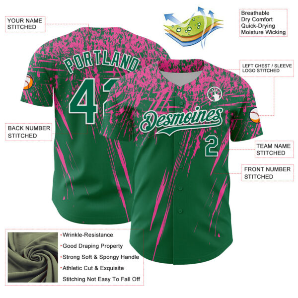 Custom Kelly Green Pink-White Distressed Scratch Brush Stroke Authentic Baseball Jersey