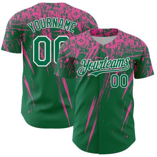 3DPattern13557 Custom Kelly Green Pink-White Distressed Scratch Brush Stroke Authentic Baseball Jersey