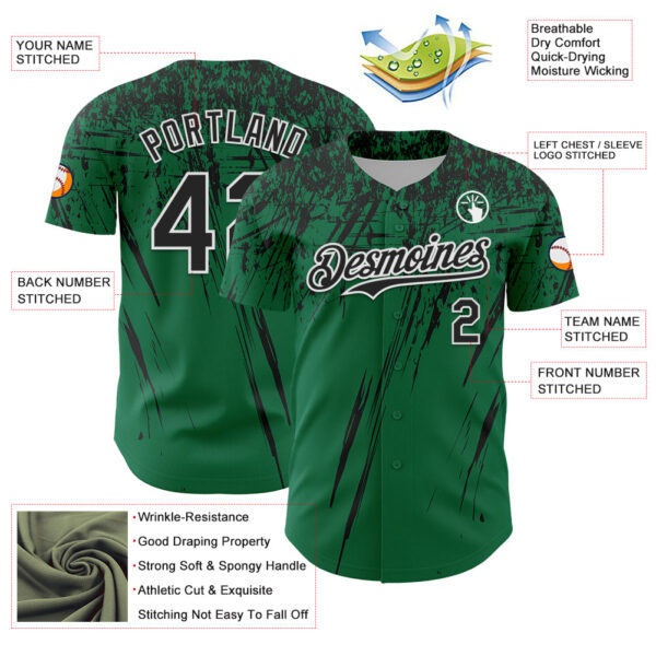 Custom Kelly Green Black-White Distressed Scratch Brush Stroke Authentic Baseball Jersey