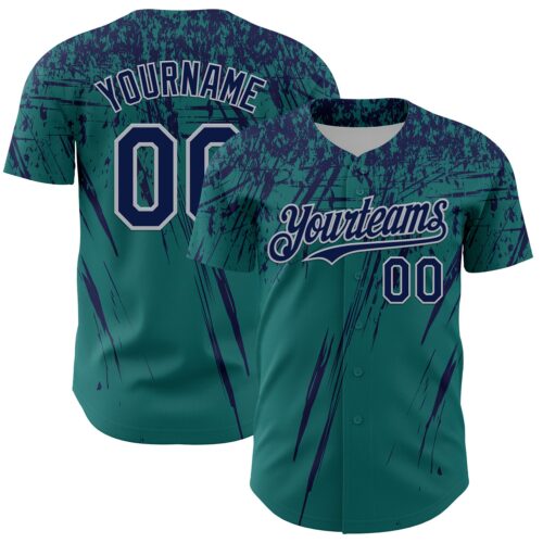3DPattern13560 Custom Teal Navy-Gray Distressed Scratch Brush Stroke Authentic Baseball Jersey