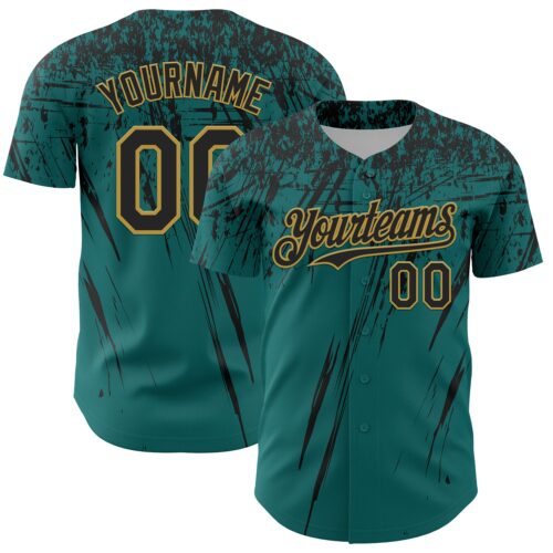 3DPattern13561 Custom Teal Black-Old Gold Distressed Scratch Brush Stroke Authentic Baseball Jersey