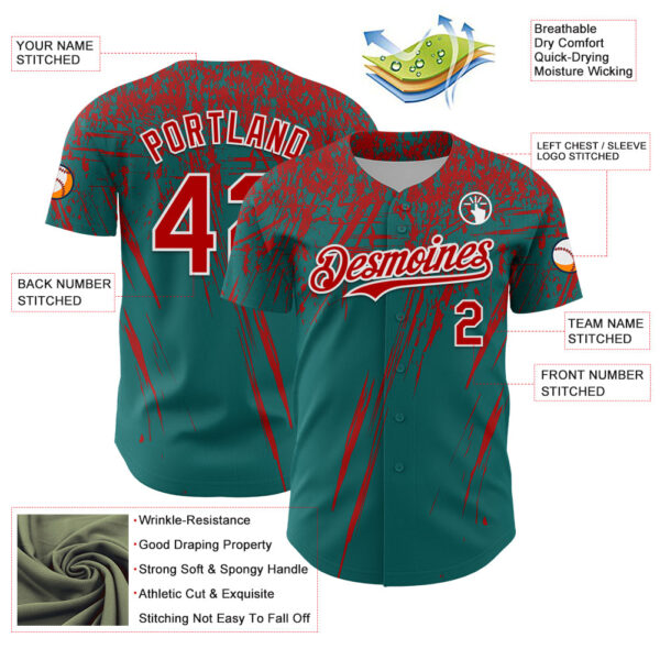 Custom Teal Red-White Distressed Scratch Brush Stroke Authentic Baseball Jersey