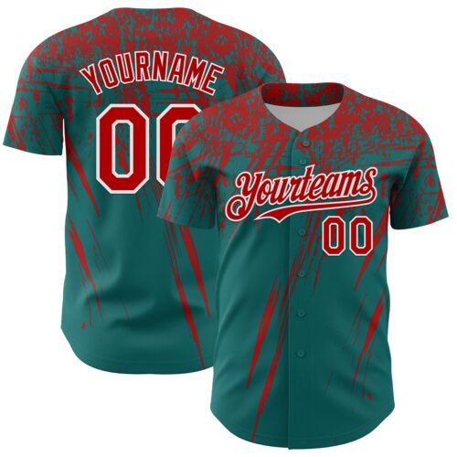 3DPattern13562 Custom Teal Red-White Distressed Scratch Brush Stroke Authentic Baseball Jersey
