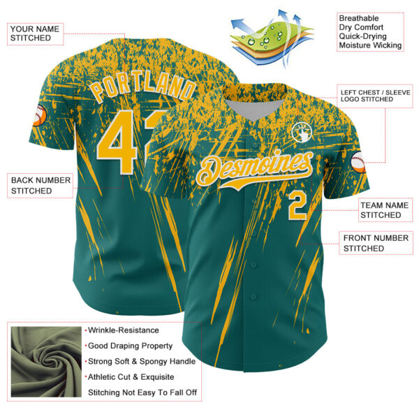 Custom Teal Gold-White Distressed Scratch Brush Stroke Authentic Baseball Jersey