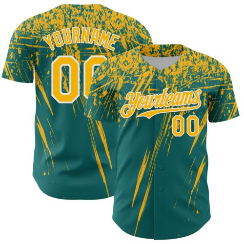 3DPattern13563 Custom Teal Gold-White Distressed Scratch Brush Stroke Authentic Baseball Jersey