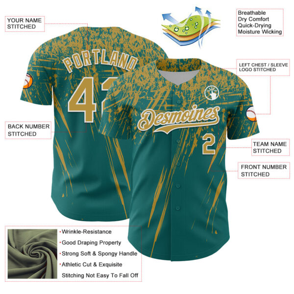 Custom Teal Old Gold-White Distressed Scratch Brush Stroke Authentic Baseball Jersey