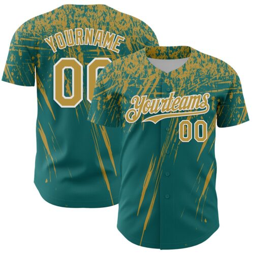 3DPattern13564 Custom Teal Old Gold-White Distressed Scratch Brush Stroke Authentic Baseball Jersey