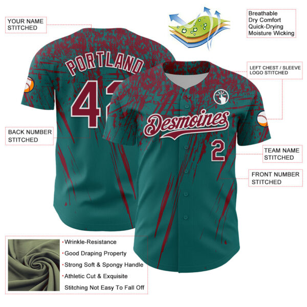 Custom Teal Crimson-White Distressed Scratch Brush Stroke Authentic Baseball Jersey