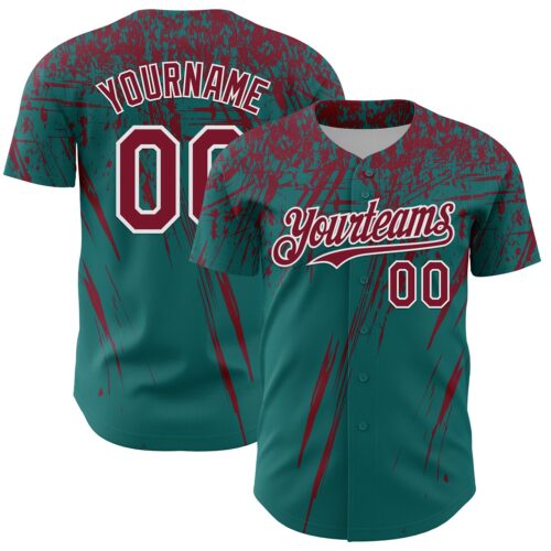 3DPattern13567 Custom Teal Crimson-White Distressed Scratch Brush Stroke Authentic Baseball Jersey