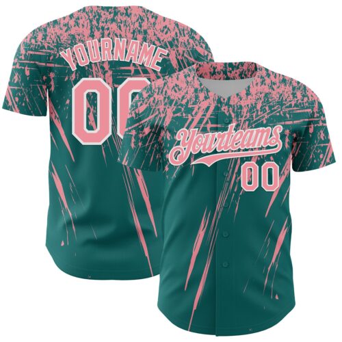 3DPattern13568 Custom Teal Medium Pink-White Distressed Scratch Brush Stroke Authentic Baseball Jersey