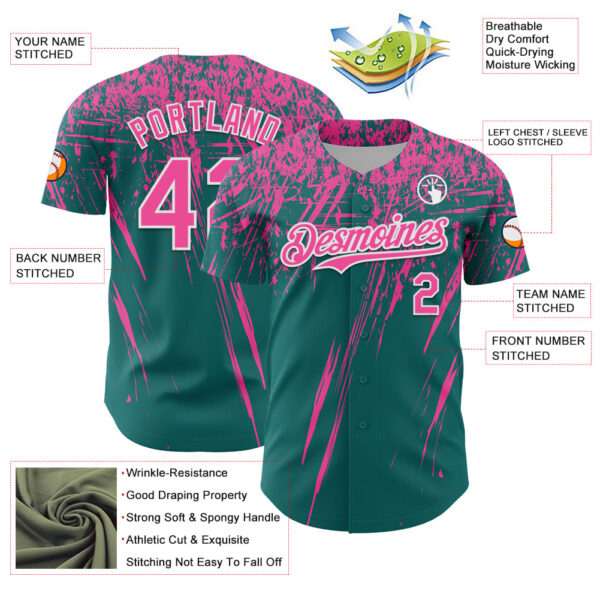 Custom Teal Pink-White Distressed Scratch Brush Stroke Authentic Baseball Jersey