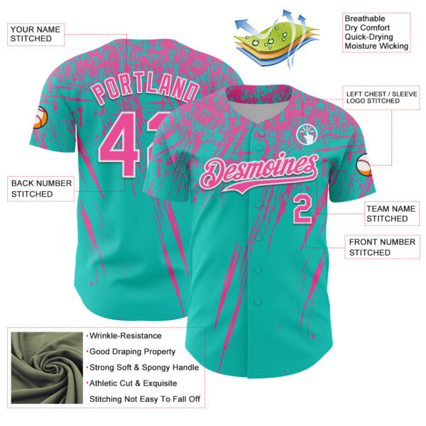 Custom Aqua Pink-White Distressed Scratch Brush Stroke Authentic Baseball Jersey