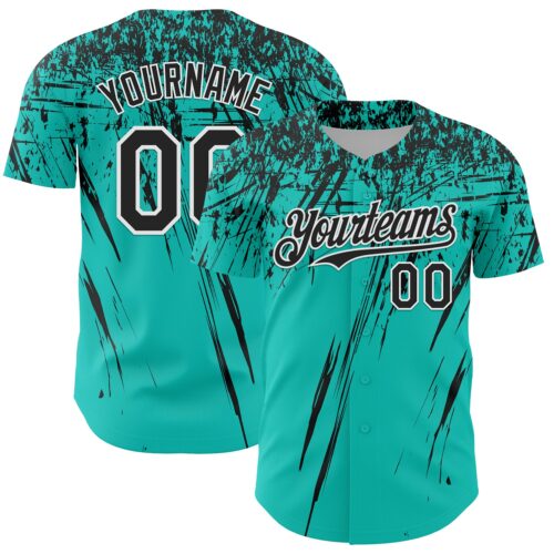 3DPattern13590 Custom Aqua Black-White Distressed Scratch Brush Stroke Authentic Baseball Jersey