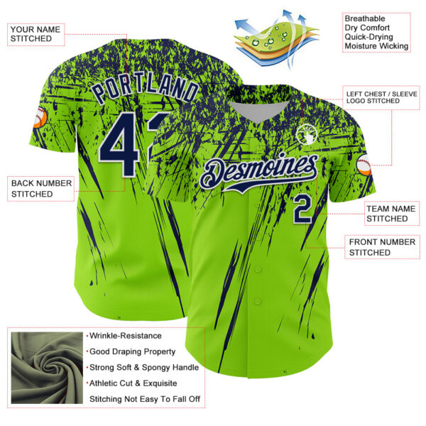 Custom Neon Green Navy-White Distressed Scratch Brush Stroke Authentic Baseball Jersey