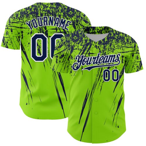 3DPattern13595 Custom Neon Green Navy-White Distressed Scratch Brush Stroke Authentic Baseball Jersey