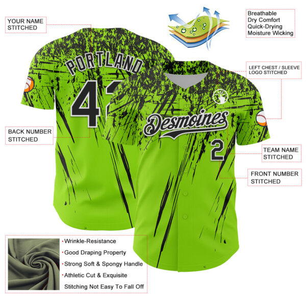 Custom Neon Green Black-White Distressed Scratch Brush Stroke Authentic Baseball Jersey