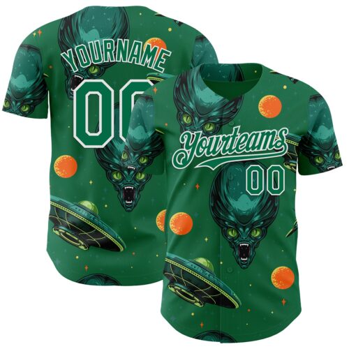 3DPattern13615 Custom Kelly Green White Alien UFO Space Authentic Baseball Jersey